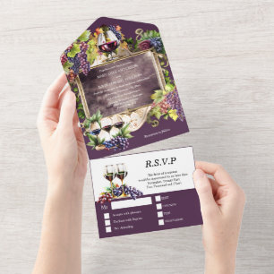 Vintage wine emblem frame burgundy gold grapes all in one invitation