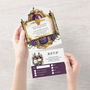 Vintage wine emblem frame burgundy gold grapes all in one invitation