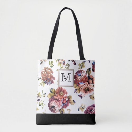 Vintage Wine Floral Monogram Tote Bag