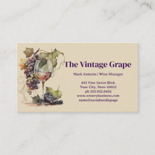 Vintage Wine Glass and Grapes on Vine Business Card