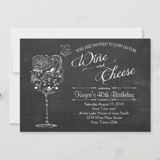 Vintage Wine Glass  & Cheese Birthday INvitation (Front)