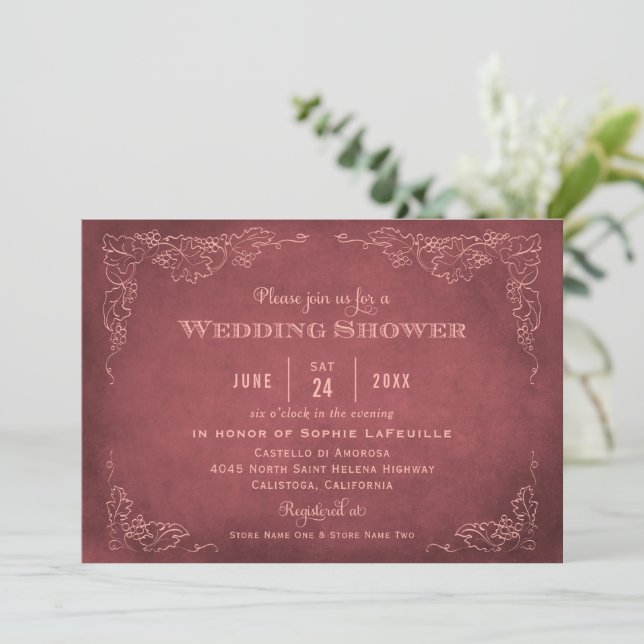 Vintage Wine Label Maroon Wedding Shower Invitation (Standing Front)