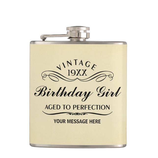 Vintage Wine Person Funny Birthday Flask (Front)