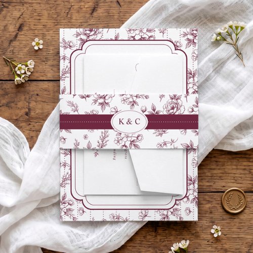 Vintage Wine Red Floral Toile Initials Wedding Invitation Belly Band