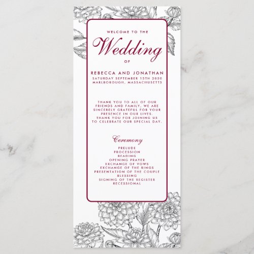 Vintage Wine Red Floral Wedding Program Card