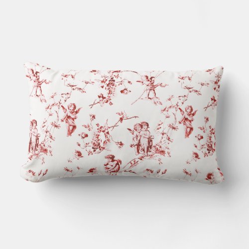 Vintage Winged Cherub Angels Flowers Red Toile Lumbar Pillow