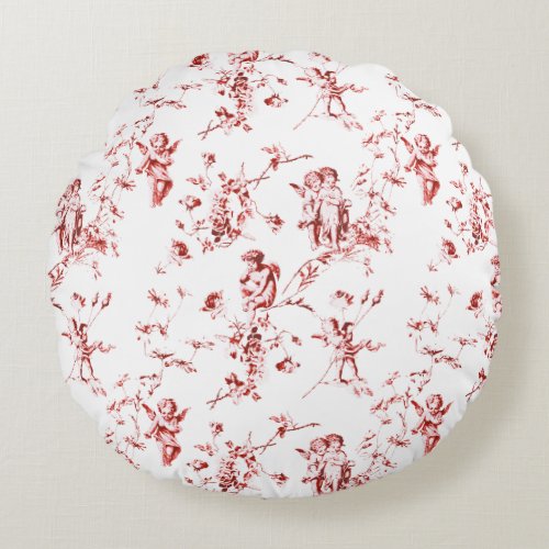 Vintage Winged Cherub Angels Flowers Red Toile Round Pillow