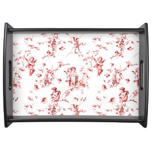 Vintage Winged Cherub Angels Flowers Red Toile Serving Tray