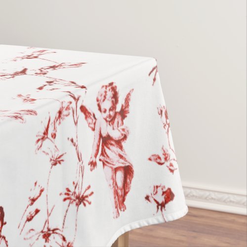 Vintage Winged Cherub Angels Flowers Red Toile Tablecloth