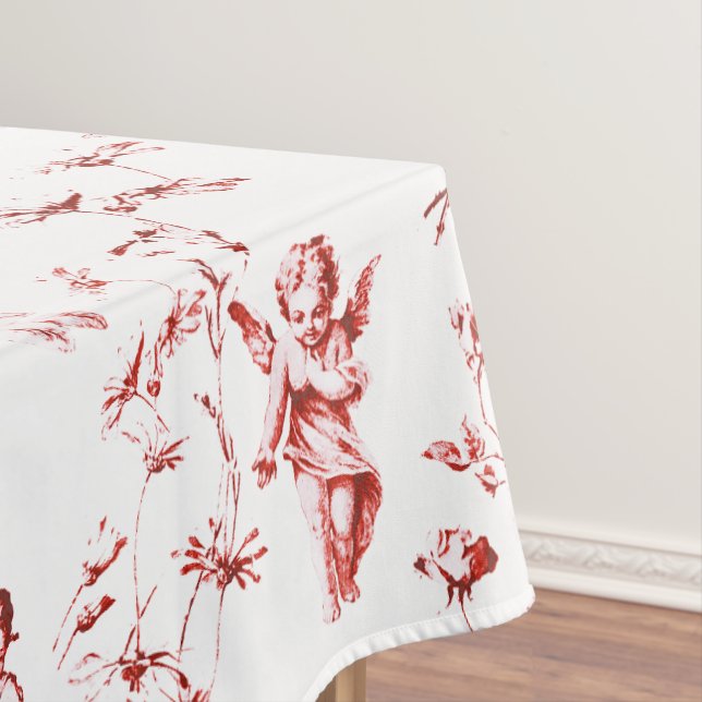 Vintage Winged Cherub Angels Flowers Red Toile Tablecloth (In Situ)