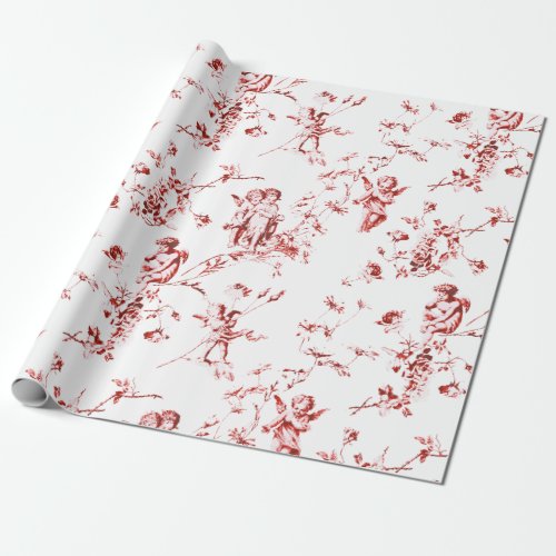 Vintage Winged Cherub Angels Flowers Red Toile Wrapping Paper