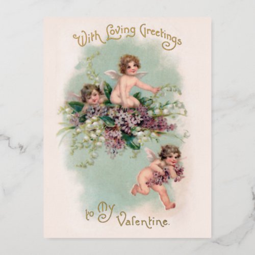 Vintage Winged Cupids and Violets Valentine Foil Holiday Postcard