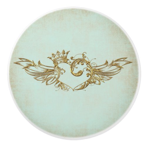 Vintage Winged Heart Aqua Cream Ceramic Knob