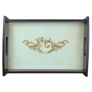 Vintage Winged Heart Aqua Cream Serving Tray