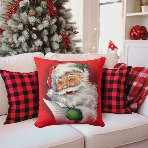 Vintage Winking Santa Claus Throw Pillow