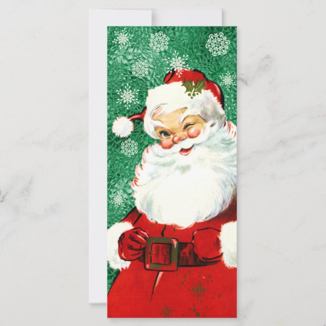 Vintage Winking Santa on Green Flat Card. (Front)