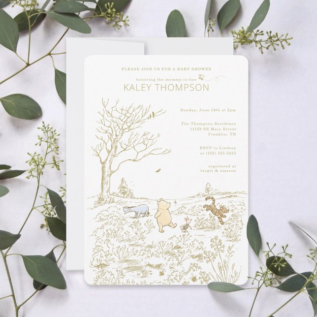Vintage Winnie the Pooh 100 Acre Wood Baby Shower Invitation (Invitation on table)
