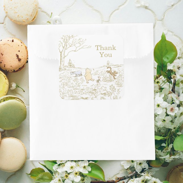 Vintage Winnie the Pooh 100 Acre Wood Birthday Square Sticker (Sticker on treat bag)