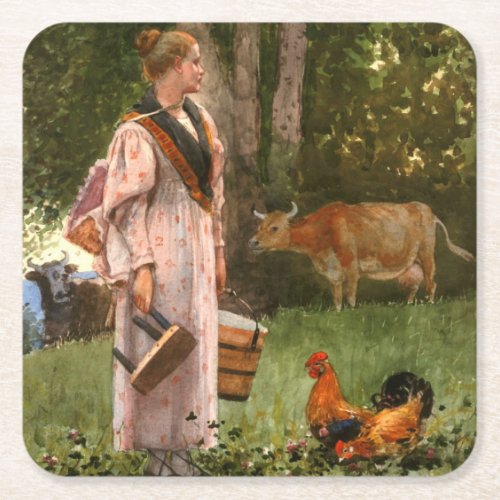 Vintage Winslow homer The Milk Maid Square Paper Coaster