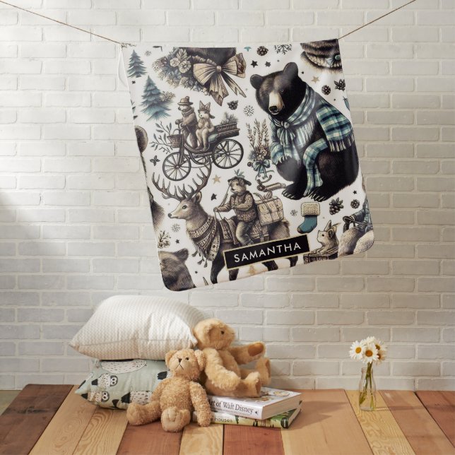 Vintage Winter Animals Pattern Baby Blanket (In Situ)