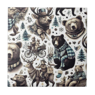 Vintage Winter Animals Pattern Ceramic Tile