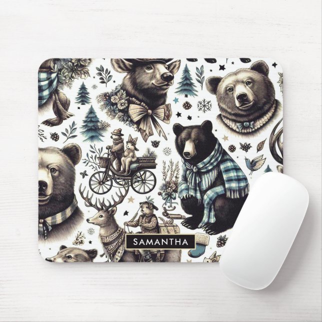 Vintage Winter Animals Pattern Mouse Pad (With Mouse)