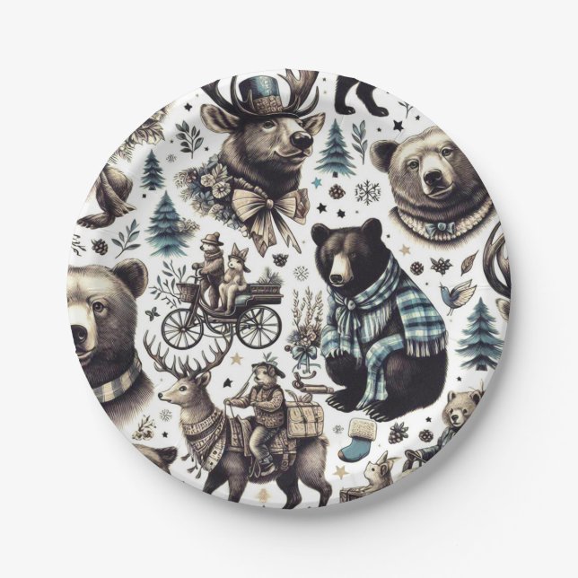 Vintage Winter Animals Pattern Paper Plates (Front)