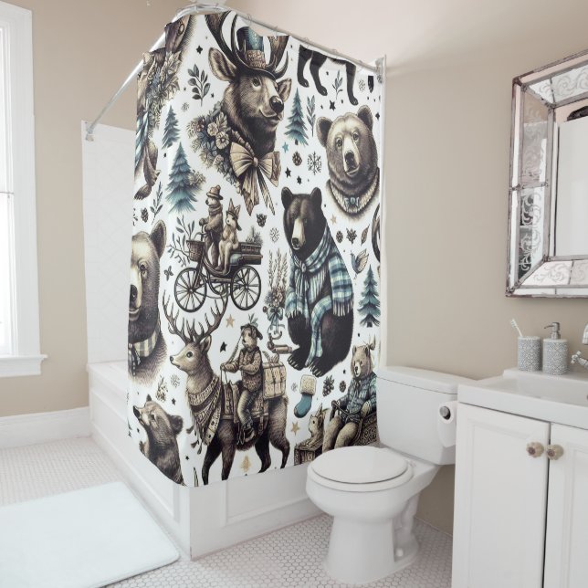 Vintage Winter Animals Pattern Shower Curtain (In Situ)