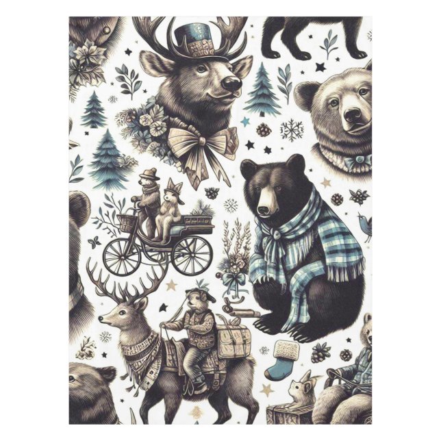 Vintage Winter Animals Pattern Tablecloth (Front)