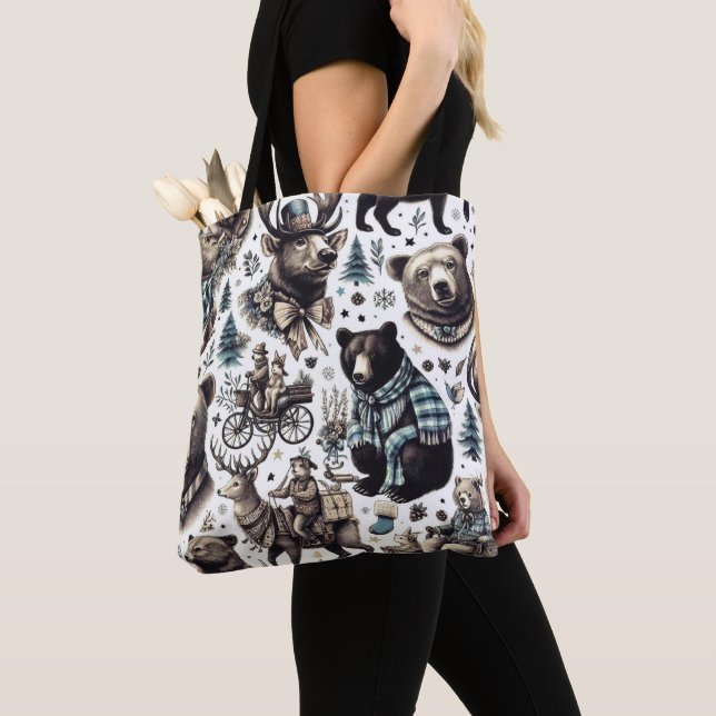 Vintage Winter Animals Pattern Tote Bag (Close Up)