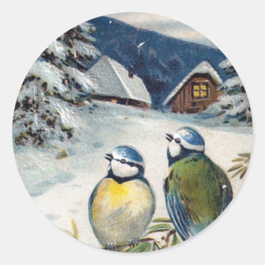 Vintage Winter Birds Classic Round Sticker