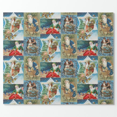 VINTAGE WINTER BLUE SANTA COLLAGE WRAPPING PAPER