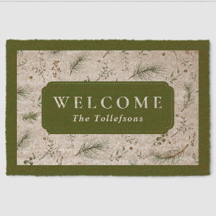 Vintage Winter Botanical Evergreen Green Welcome Fiber Doormat