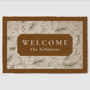 Vintage Winter Botanical Evergreen Welcome Brown Fiber Doormat