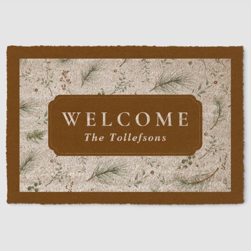 Vintage Winter Botanical Evergreen Welcome Brown Fiber Doormat