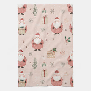Vintage Winter Botanical Santa Dusty Rose Pink Kitchen Towel