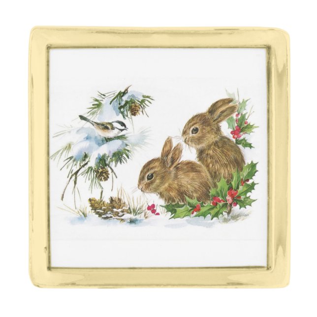 Vintage Winter Bunnies Gold Finish Lapel Pin (Front)
