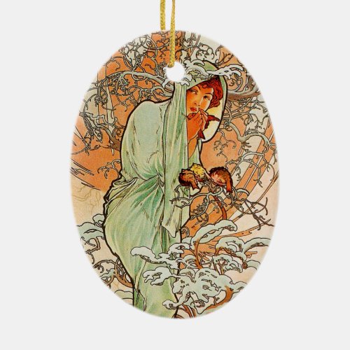 Vintage Winter by Alphonse Mucha Ceramic Ornament