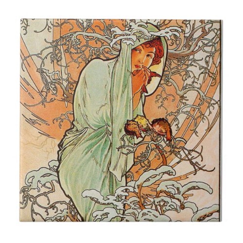 Vintage Winter by Alphonse Mucha Ceramic Tile