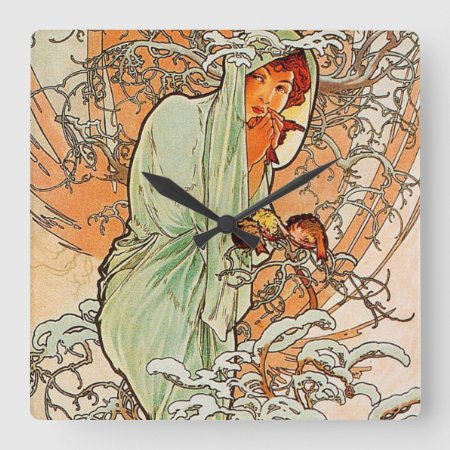 Vintage Winter By Alphonse Mucha Square Wall Clock
