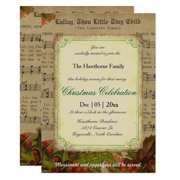 Vintage Winter Carol Music Sheet Christmas Party Invitation