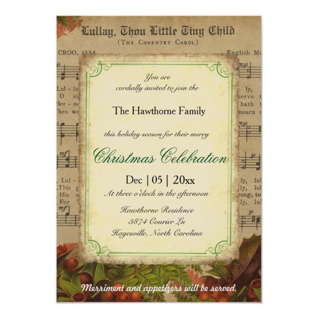 Vintage Winter Carol Music Sheet Christmas Party Invitation