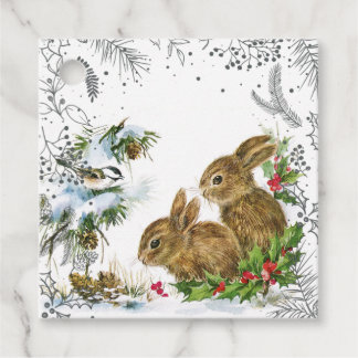 Vintage Winter Christmas Bunnies and Holly Favor Tags