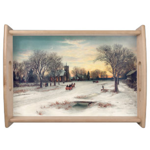 Vintage Winter Christmas by horse and carriage Serving Tray