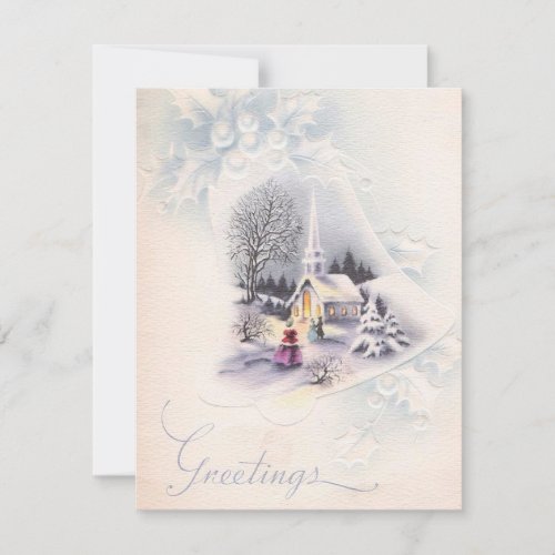 Vintage Winter Christmas Church Bell Greetings Holiday Card