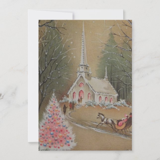Vintage Winter Christmas Church Holiday Card (Front)
