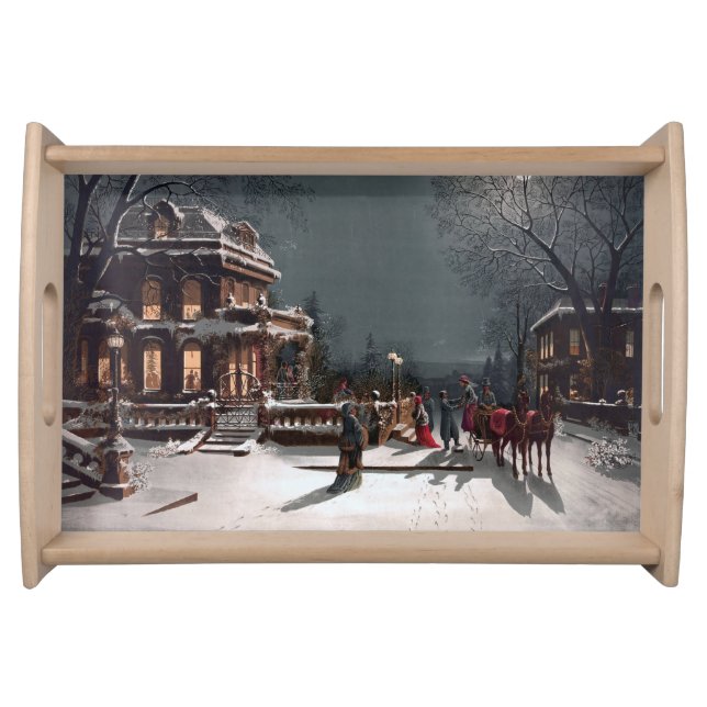 Vintage Winter Christmas eve by moonlight Serving Tray (Front)