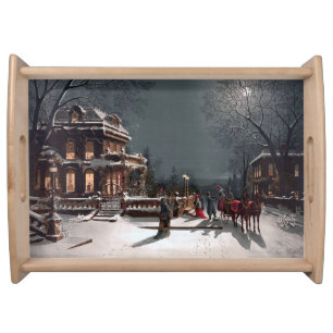 Vintage Winter Christmas eve by moonlight Serving Tray