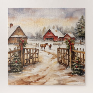 Vintage Winter Christmas Farm Scene With Horses Jigsaw Puzzle