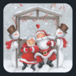 Vintage Winter Christmas Santa and Snowman Square Sticker<br><div class="desc">Vintage Santa Clause and Mrs. Clause</div>
